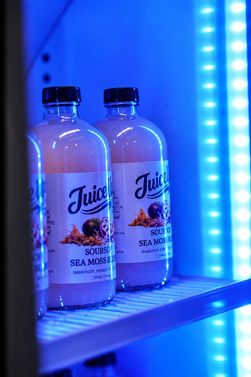 Juice Up Soursop Seamoss bottles glowing under electric blue light